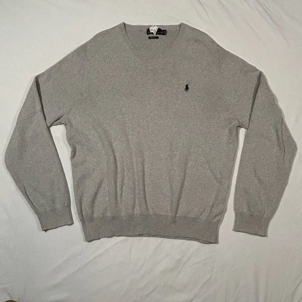 Polo Ralph Lauren V Neck Sweater Mens XL Pima Cotton‎ Gray Pony